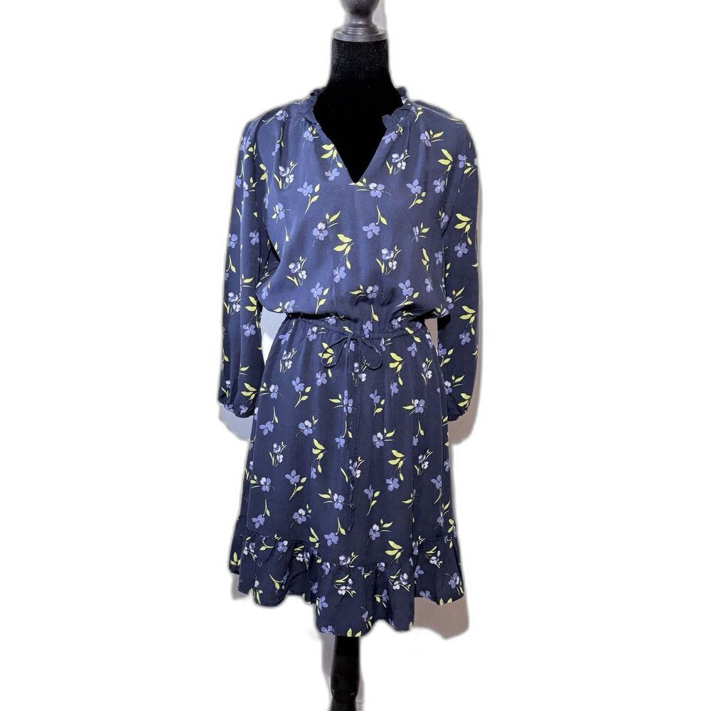 LOFT Floral Knee Length Dress Split Neck Ruffle Long Sleeve Elastic Waist Size S